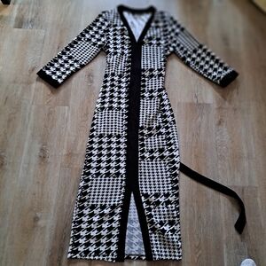 SHEIN Black White Plaid V-neck Midi Dress Belt Split 3/4 Sleeves Women's Size XL